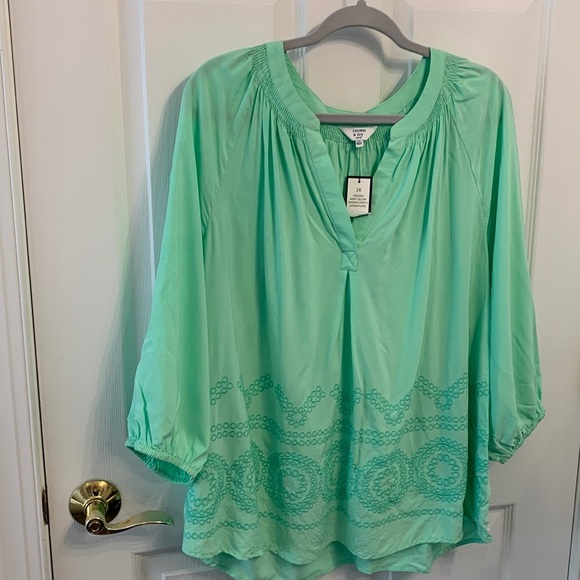 Crown & Ivy NWT V neck embroidered blouse Mint Glow Garden Party Signature 2X. - Picture 1 of 6